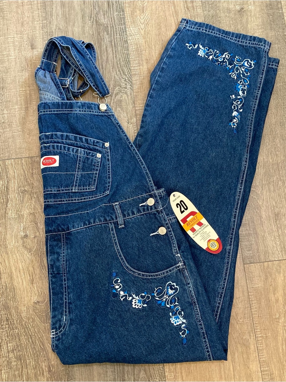 Revolt Denim Jean Overalls Sz 20 Womens Dark Wash Blue Embroidery 31" Inseam NEW